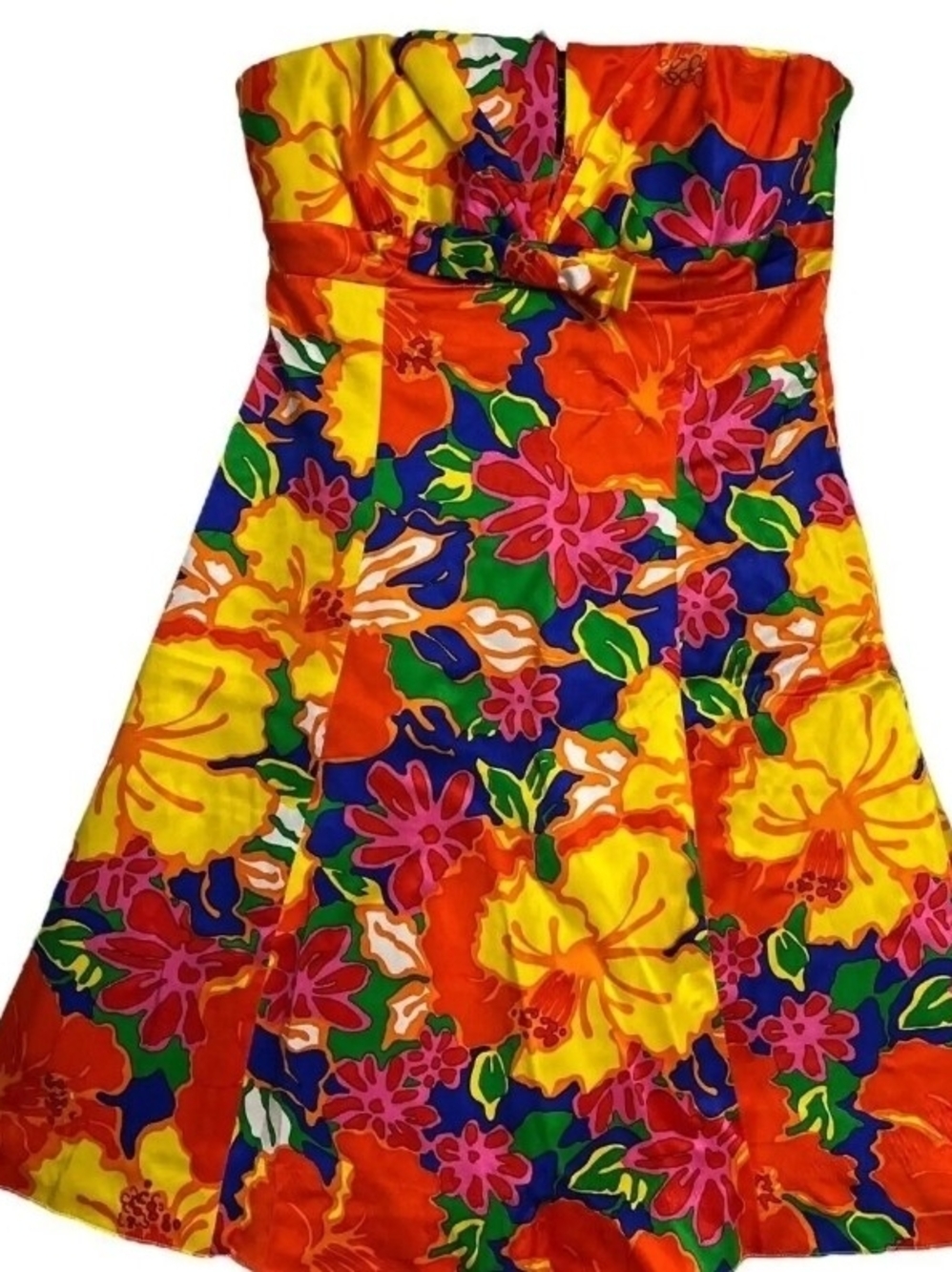 Mary L Couture Bright Yellow Strapless Dress with Floral Trim